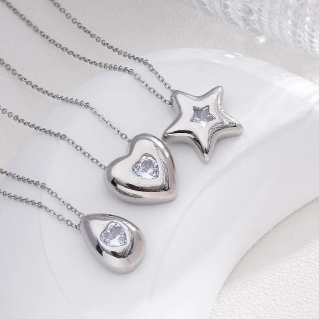 Simple Zircon Heart Star Water Drop Pendant Necklaces for Women Girls Fashion Accessories Stainless Steel Chain Jewelry Gifts