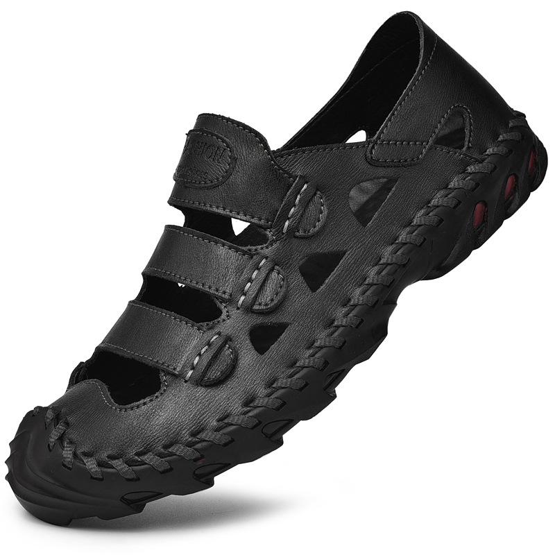 

Новые летние мужские кожаные сандалии Baotou из натуральной кожи с мягкой подошвой для пляжного вождения, полые, большого размера, повседневные туфли с отверстиями 38 чёрный