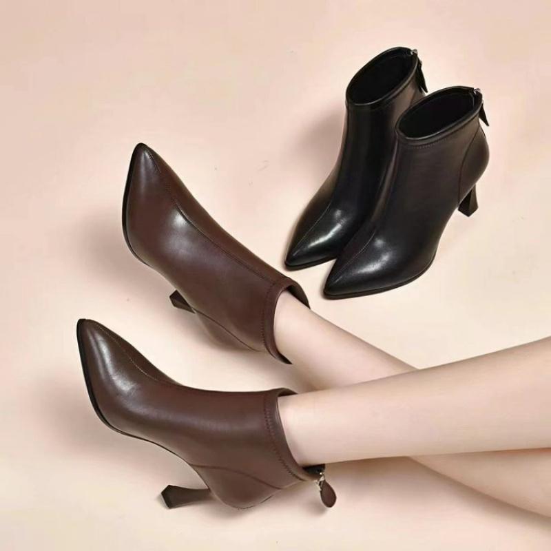 Fall/Winter New Women'S Genuine Leather Ankle Boots - Black Patent Pointed-Toe Stiletto Heel Booties With Rear Zipper