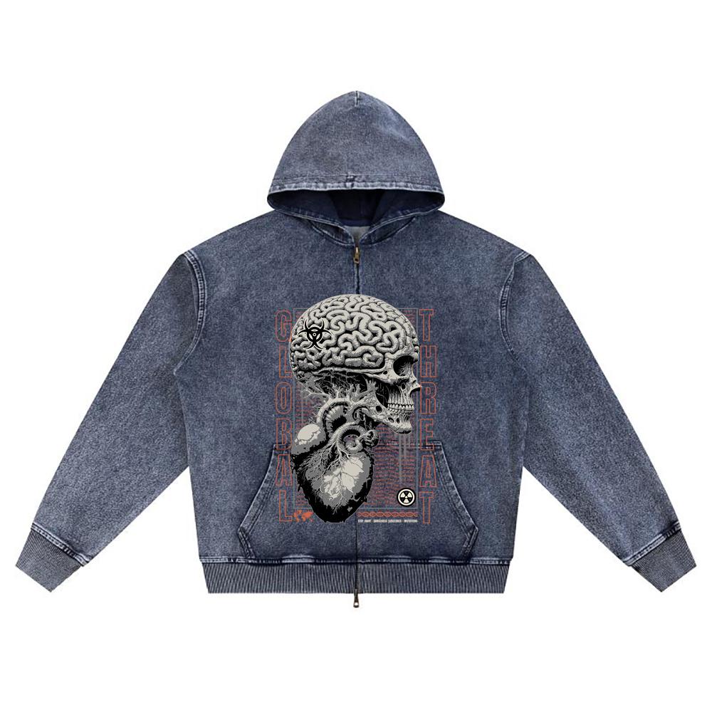 DTG Print Knitted Denim Zip-Up Hoodie Skull Brain Brother Print Zipper Hoodies  