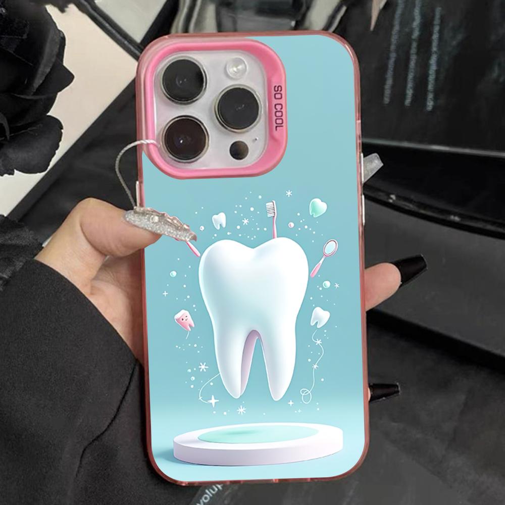 Cartoon Teeth Dentist Phone Case For iPhone 16,15,14,13,12,11,Pro,Max,Plus,Mini,XS,SE Anti Fall Pink Matte Hard Bumper iPhone14promax