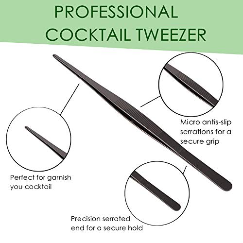 Tongs and Tweezers - 12"/30cm Long Food Tongs, Straight Serrated Forceps, Cocktail Tweezers, Bar Tools, Gold