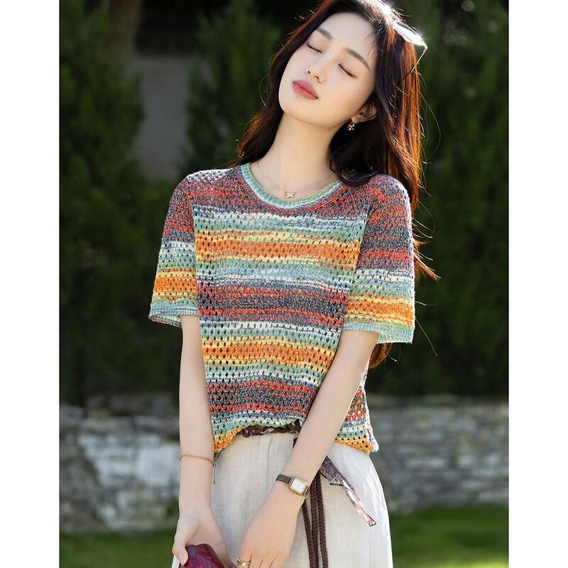 

Smiling Gradient Rainbow Knit Short Sleeve Top M