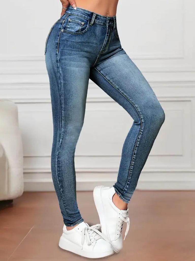 European & American Cross-Border Mid-Waist Washed Stretch Butt-Lifting Women's Skinny Jeans