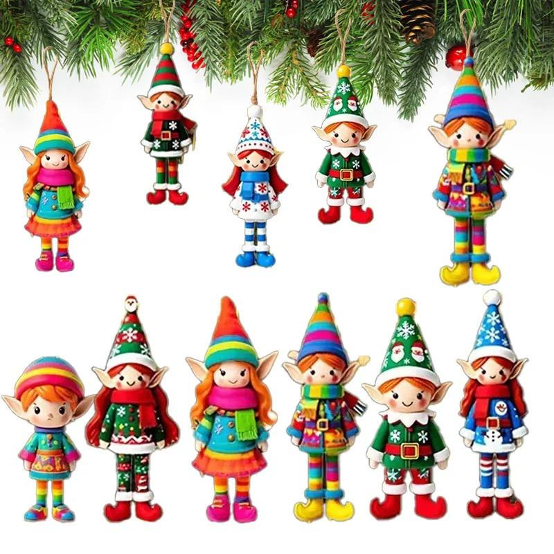 8/16/24Pcs Christmas Wooden Pendants 2D Angel Elf Xmas Hanging Ornament with Rope 2025 Christmas Home Decoration DIY Gift Labels