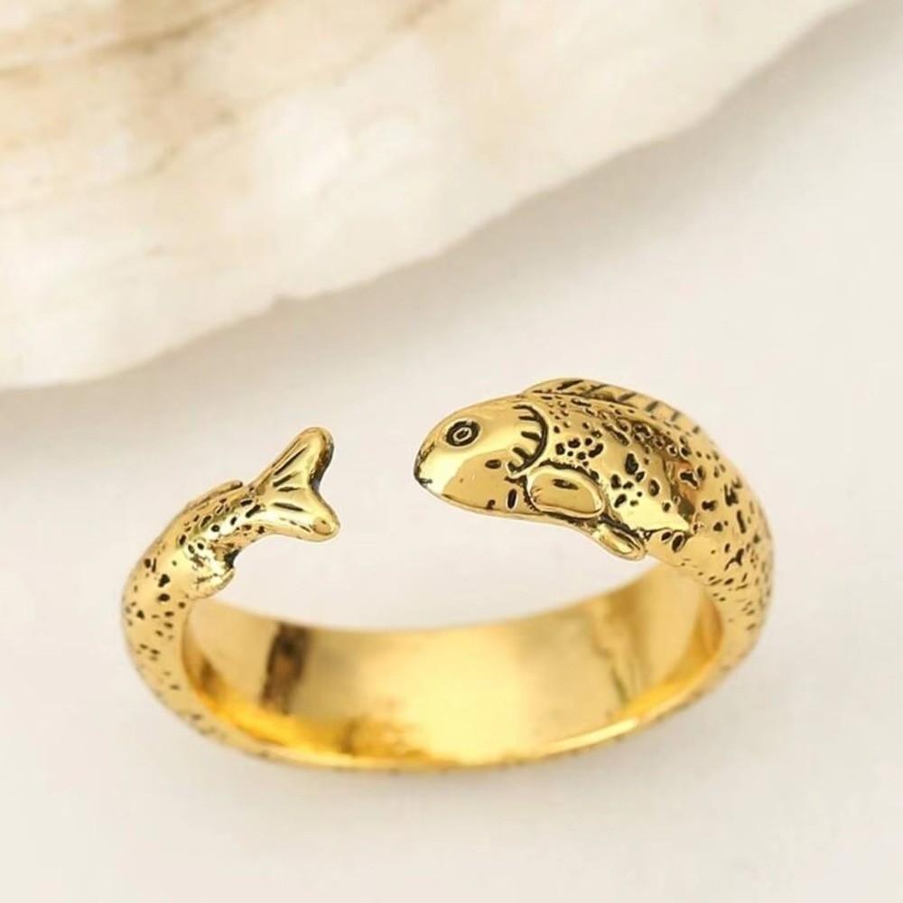 Simple Vintage Adjustable Ring Zinc Zinc Alloy Retro Open Ring Niche Fish Shaped Ring  Unisex