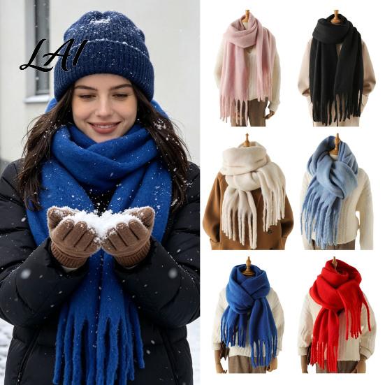 Oversized Cozy Winter Scarf Thickened Imitation Rabbit Velvet with Tassels for Women Solid Color Stylish Long Draped Neck Wrap Warm Shawl,