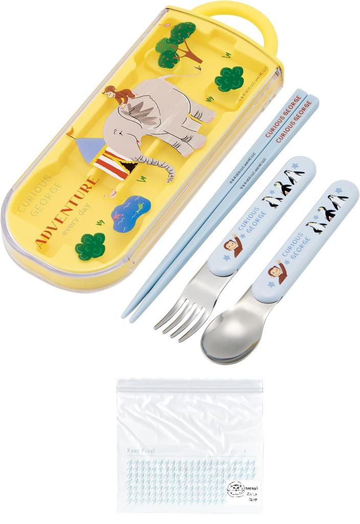 Curious George Trio Chopsticks Fork Bento Chopsticks Made In Dishwasher ZOO Set Freezer Set 16.5cm, Spoon, 13cm, Case, Slide-out Chopsticks, Japan,