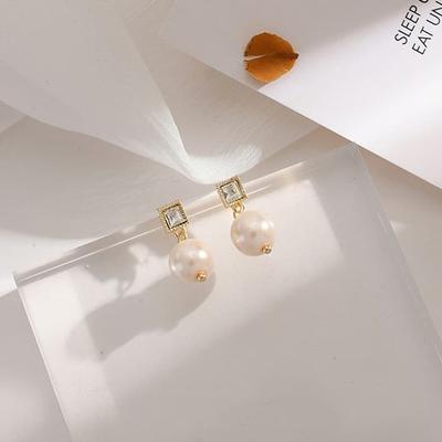 Silver Needle Pearl Freshwater Earrings, Earrings Chain, Small Square Cubic
