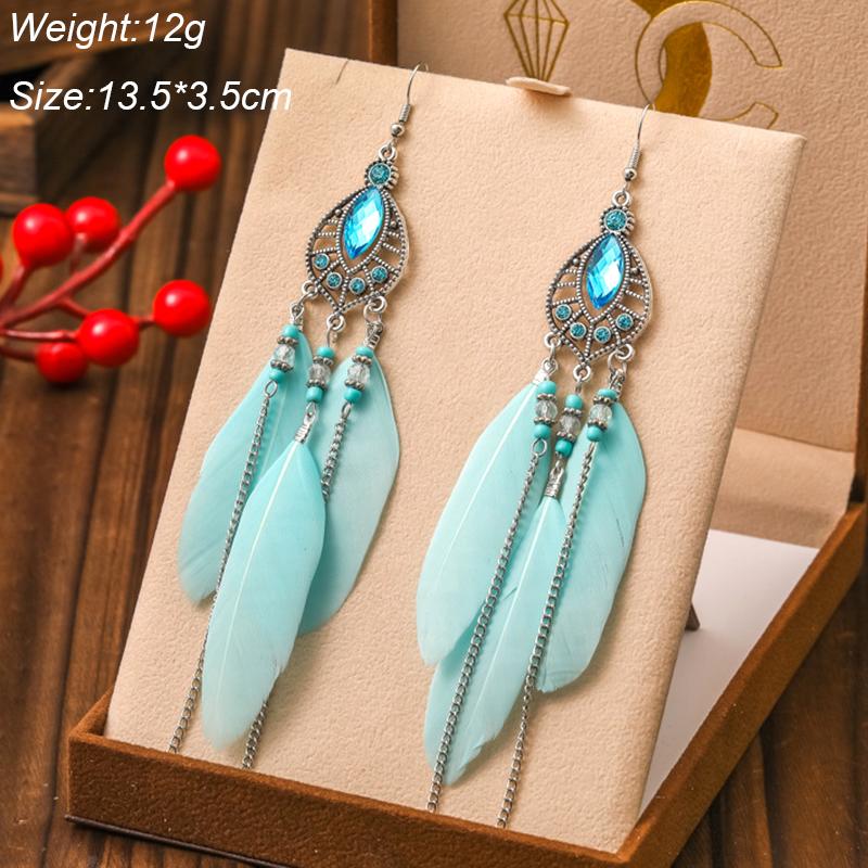 Blue Fashion Boho Temperament Water Drop Feather Earrings for Women Long Crystal Rhinestone Drop Oil Dangle Earring Jewelry