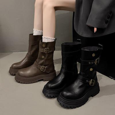 Braune mittelhohe Stiefel mit Absatz, Frühling und Herbst, Britischer Stil, Martin-Stiefel, dicke Sohle, umklappbar, neue Mode, kurze Stiefel für zwei Kinder, 2025
