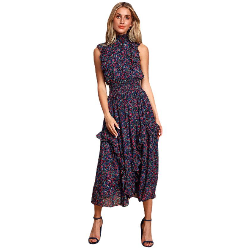 2023 Retro Floral Print Sleeveless Ruffle Dress for Women