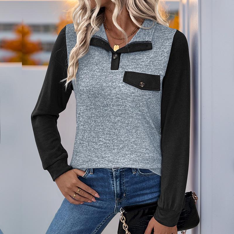 European and American Color Block Patchwork Zipper Hoodie: Women's Autumn/Winter Casual Versatile Pullover with Lapel.