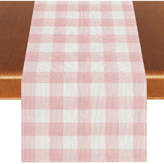 Watercolor Pink White Buffalo Check Plaid Table Runner Gingham Tablecloth Farmhouse Spring Summer Easter Home Kitchen Table Decorations-13×72''(Pink