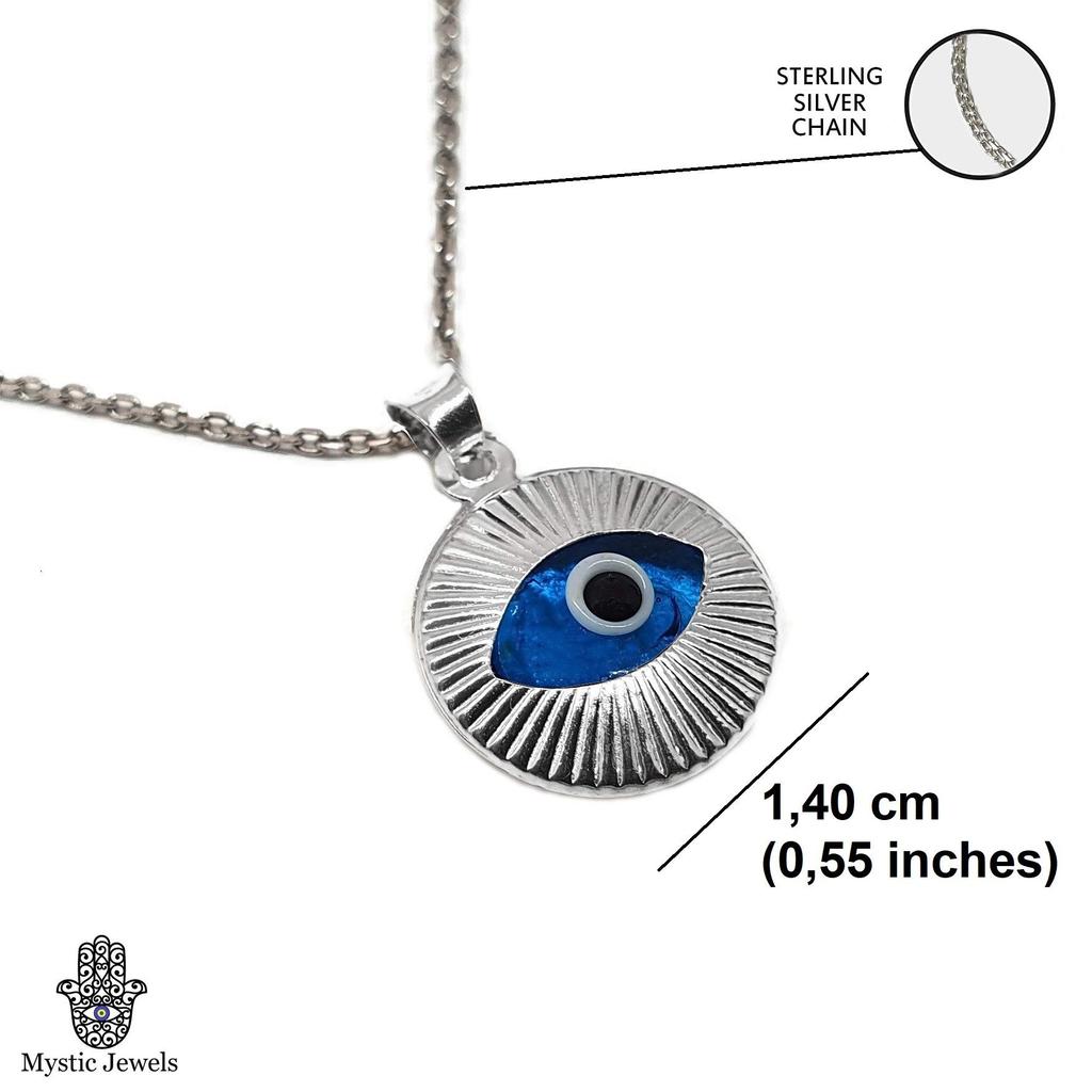 Dalia MYSTIC JEWELS – Blue Glass Eye and Sterling Silver Evil Eye Necklace – Round Turquoise Eye