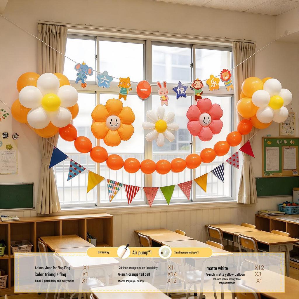 Children's Day Classroom Decorations: Blackboard, Flowers, Balloons, Flag Banners for Kindergarten Atmosphere and Photo Setup