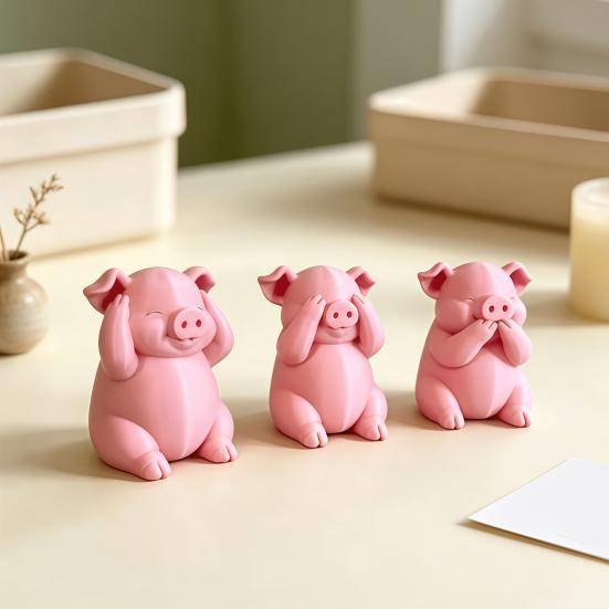 Unique Pig Figurine for Birthday Gift 3 Pcs Cute Mini Figurines, 3D Printed See Hear Speak No Evil Adorable Animal Home Decor Pink Statue, Novelty