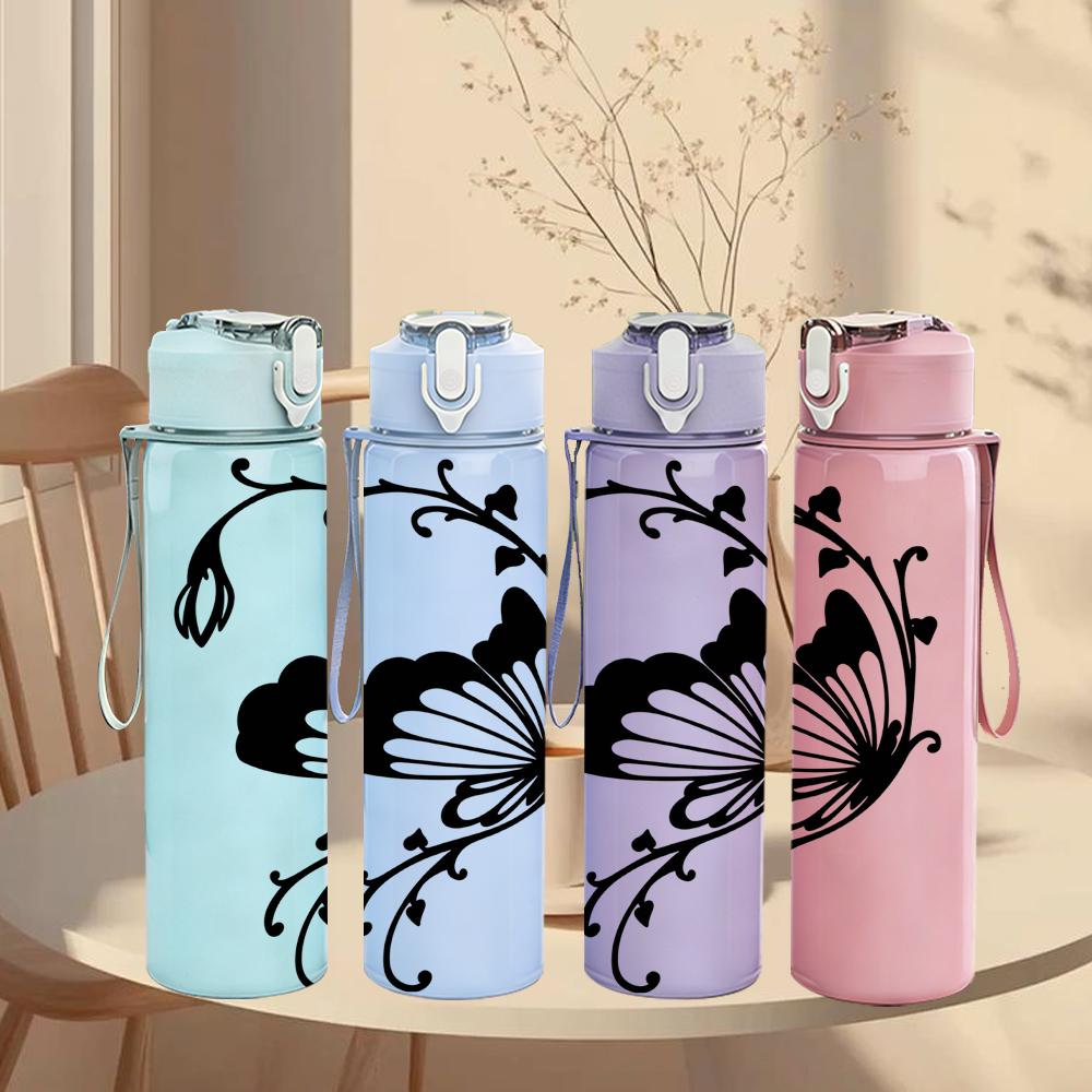1PC Swirl Frame Butterfly Line 750ml Color Plastic Sports Water Bottle Leakproof Flip Straw Lid Suitable for Sports Office Home Use