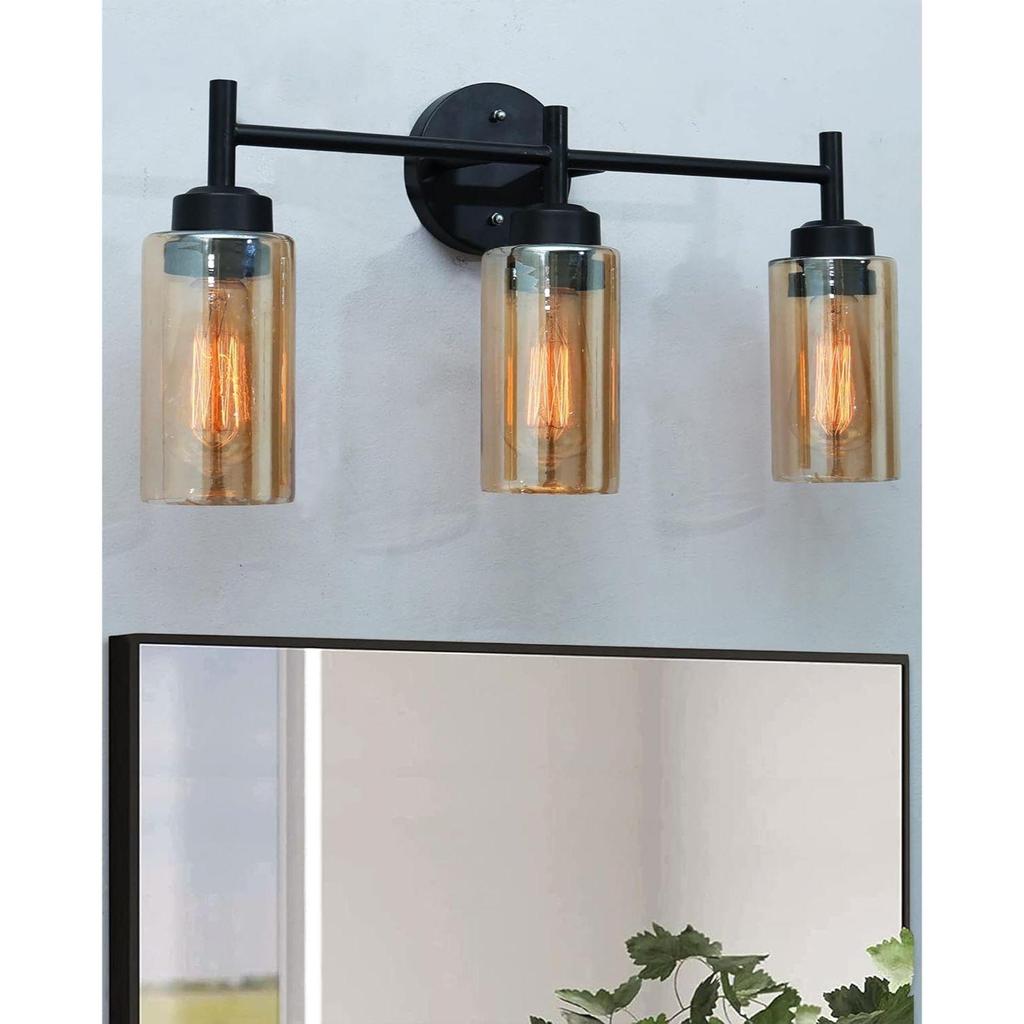 Black Wall Sconce,Modern Bathroom Wall Light Fixtures 3-Light Bathrooms Vanity Light, Bathroom Lights Over Mirror, Farmhouse Glass (Amber)