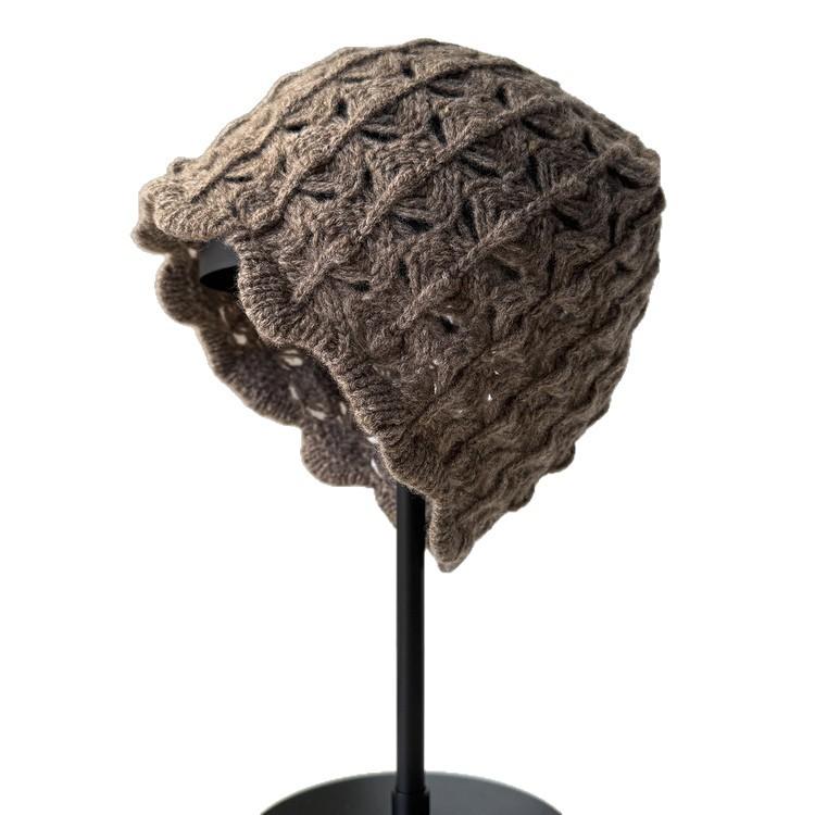 Wool Knitted Baotou Hat Autumn and Winter Warm Cold Hat Fashion Hollow Handmade Crocheted Pullover Hat Fashionable Women's Cold Hat