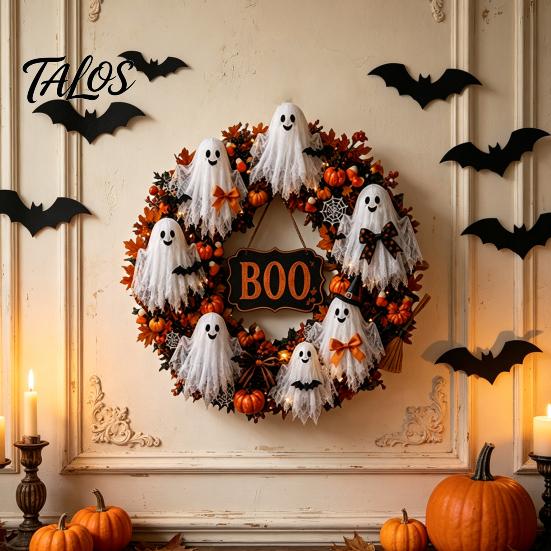 Autumn Front Door Decor Halloween Boo Ghost Wreath, Spooky Hanging Decoration with Pumpkins Artificial Fabric Wreath And Spider Webs for Porch,