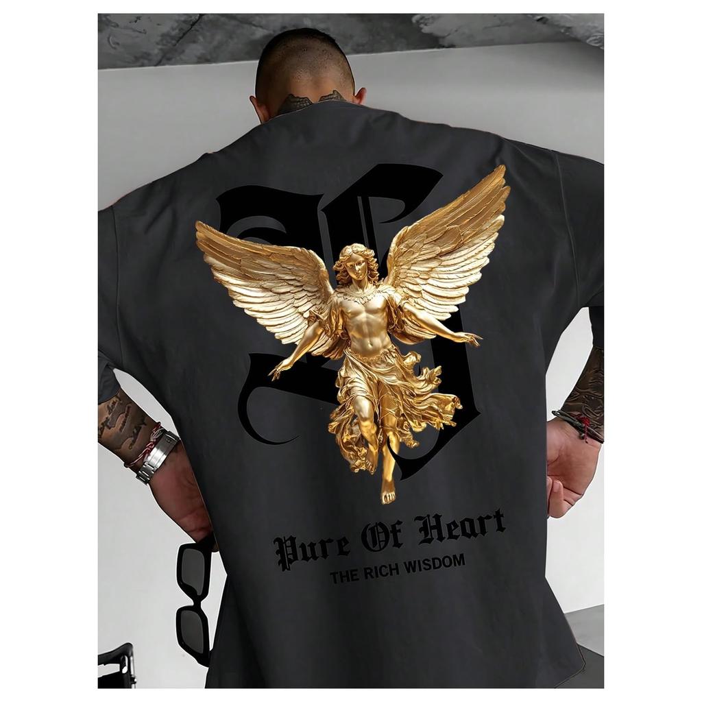 Men's Gothic "Pure Of Heart" Angel Graphic Tee, Retro Streetwear Oversized T-Shirt with Front & Back Print