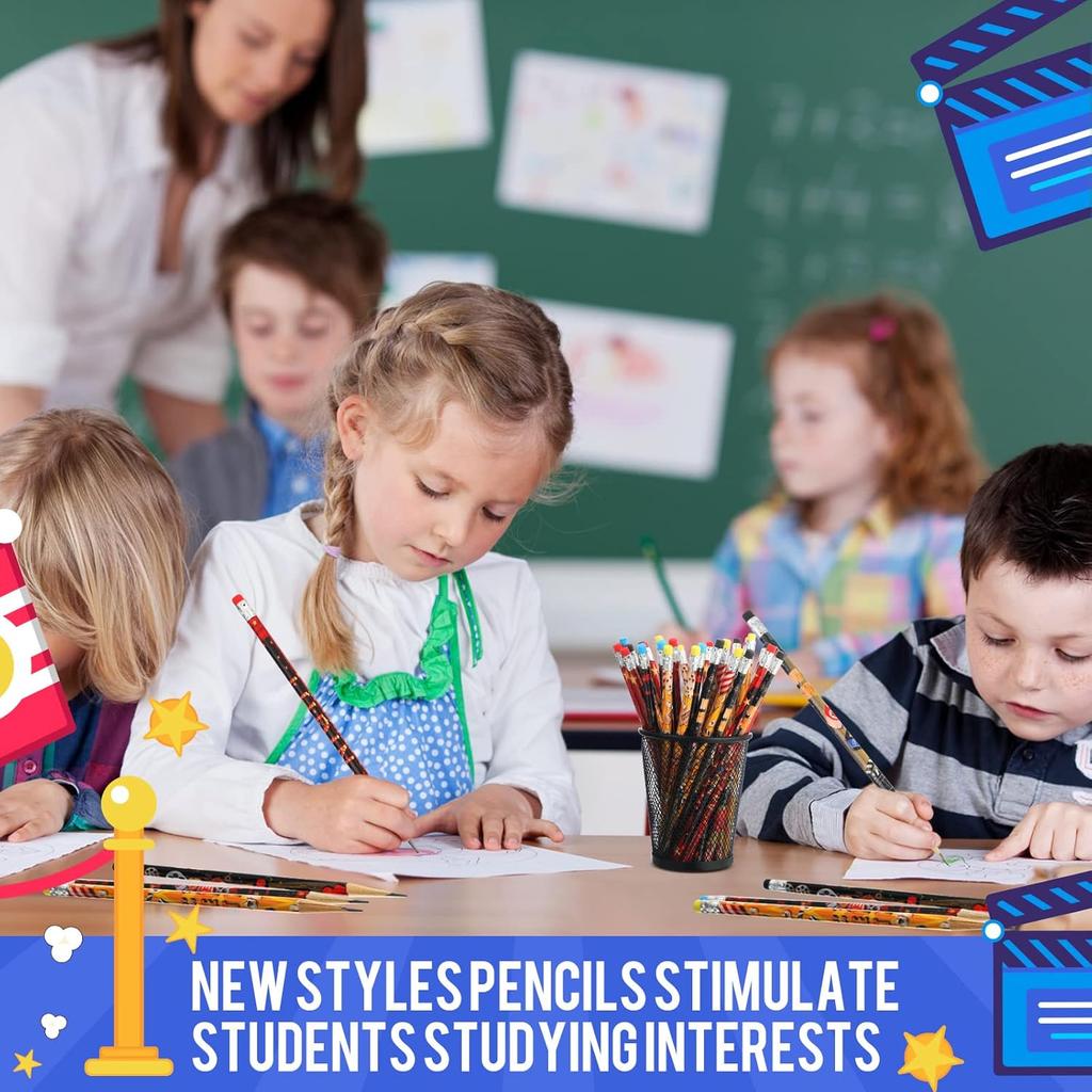 Sherr 36 Pieces Movie Night Pencils with Eraser, Wooden Colorful Pencil Bulk for Students Classroom Prize Stationery Party Favors, 4 Style