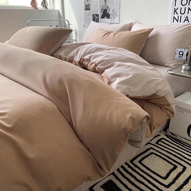 Solid-color Japanese Pure Cotton Four-piece Bed Cover Set with Double-sided Washed Cotton Bed Sheets and Quilt Cover