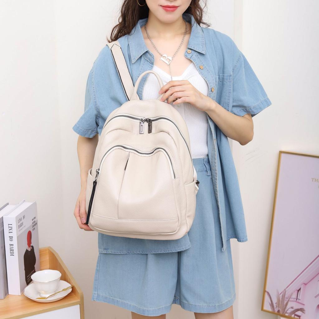 Cowhide Women's Backpack, Solid Color Versatile Fashion Women's Bag, Multi-compartment, Travel Bag, Multi-functional Women's Bag