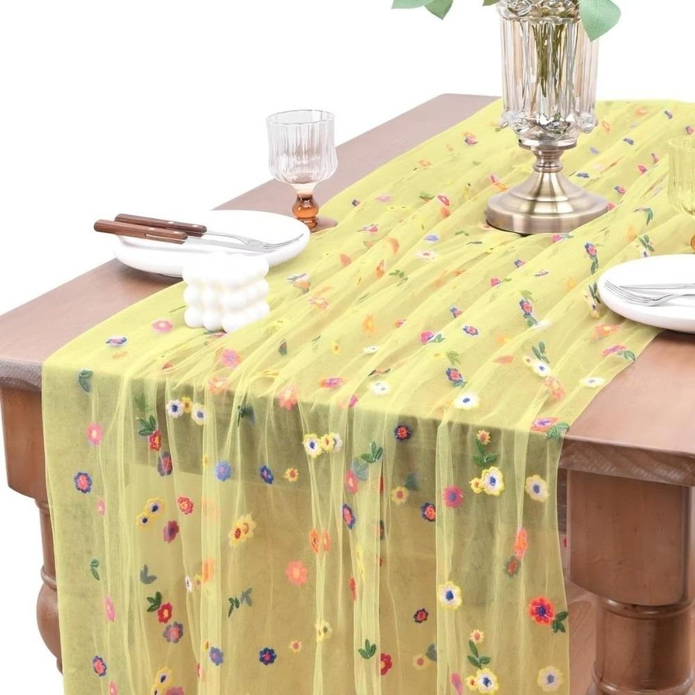 Semi-Transparent Tulle Table Runner Boho Floral Tablecloth  Holiday Decoration