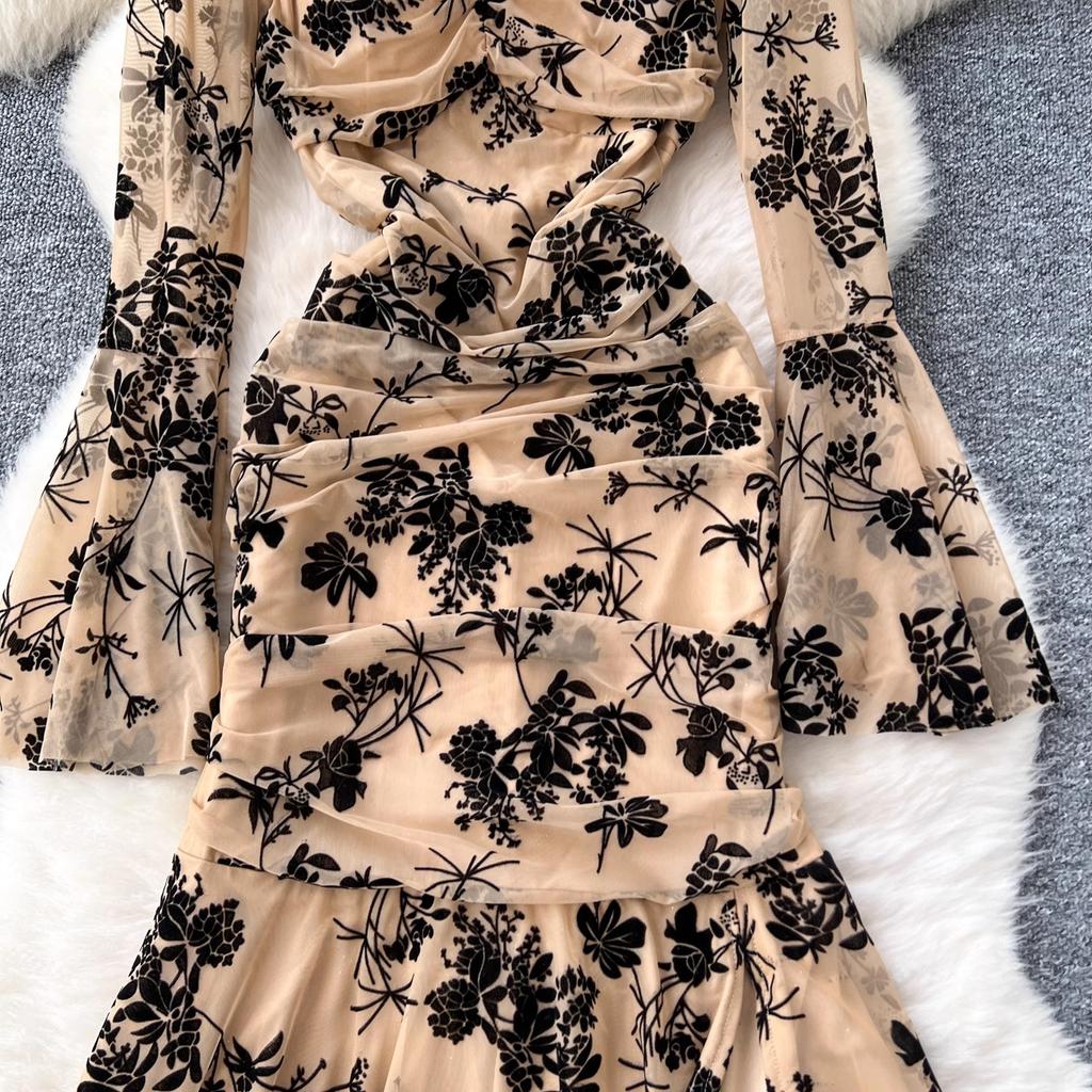 Summer Elegant Embroidery Flower Mermaid Evening Party Dress Women Long Flare Sleeve Cup Padded V Neck One Piece Mesh Folds Prom Robe