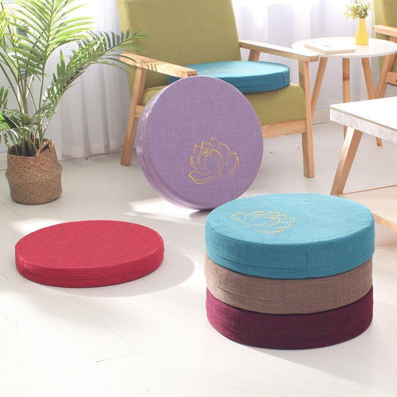 Plush Round Tatami Cushion Pad With Removable Washable Cover And Lotus Print