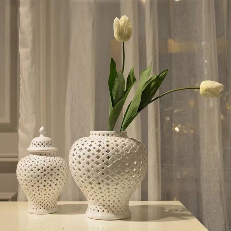 Ceramics Gingers Jar with Lid Decorative Flower Vases Cutout Lattice Crafts for Home or Kitchen Countertops Decoration