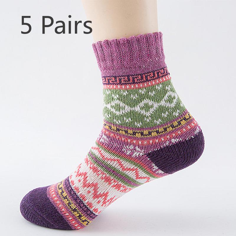 5 Pairs of Thick and Warm Cross-flower Rabbit Wool Socks with Ethnic Style and Coarse Needle Cashmere Socks for Autumn and Winter