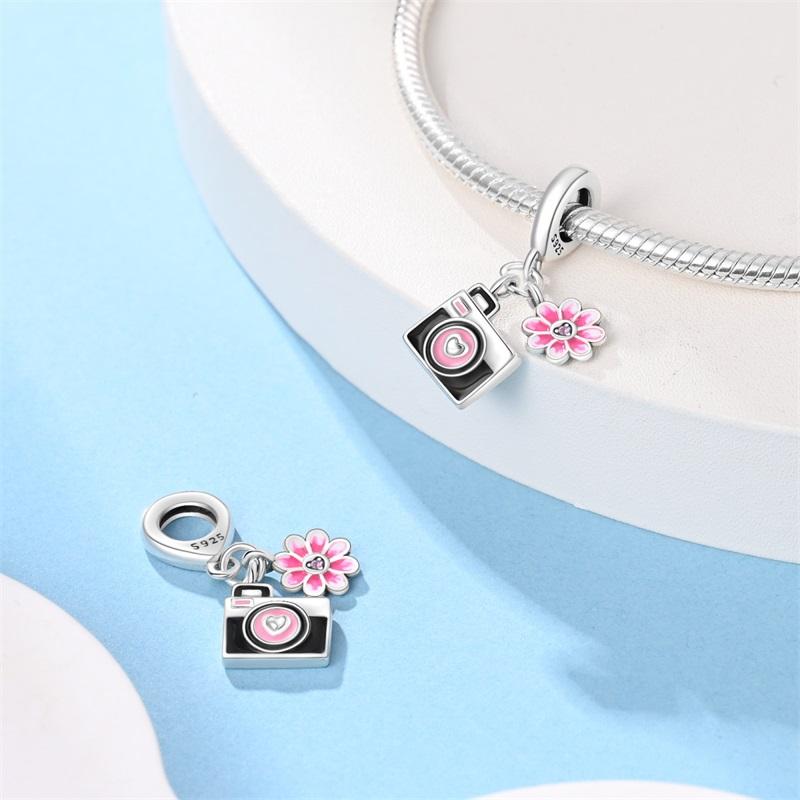 Original Copper Charms Luxury Black Camera Pink Flower Pendant Beads Fit Bracelet Diy Women Making Delicate Gift