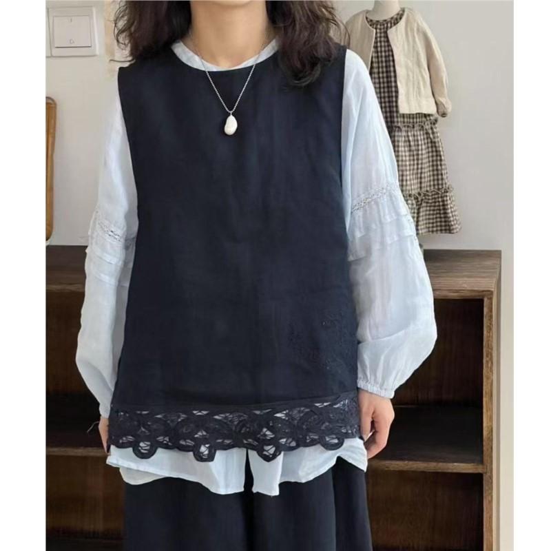 

Johnature Жилет в японском стиле с вышивкой и кружевом, повседневный, универсальный, для ношения спереди и сзади, пальто с круглым вырезом для женщин One Size темно-синий