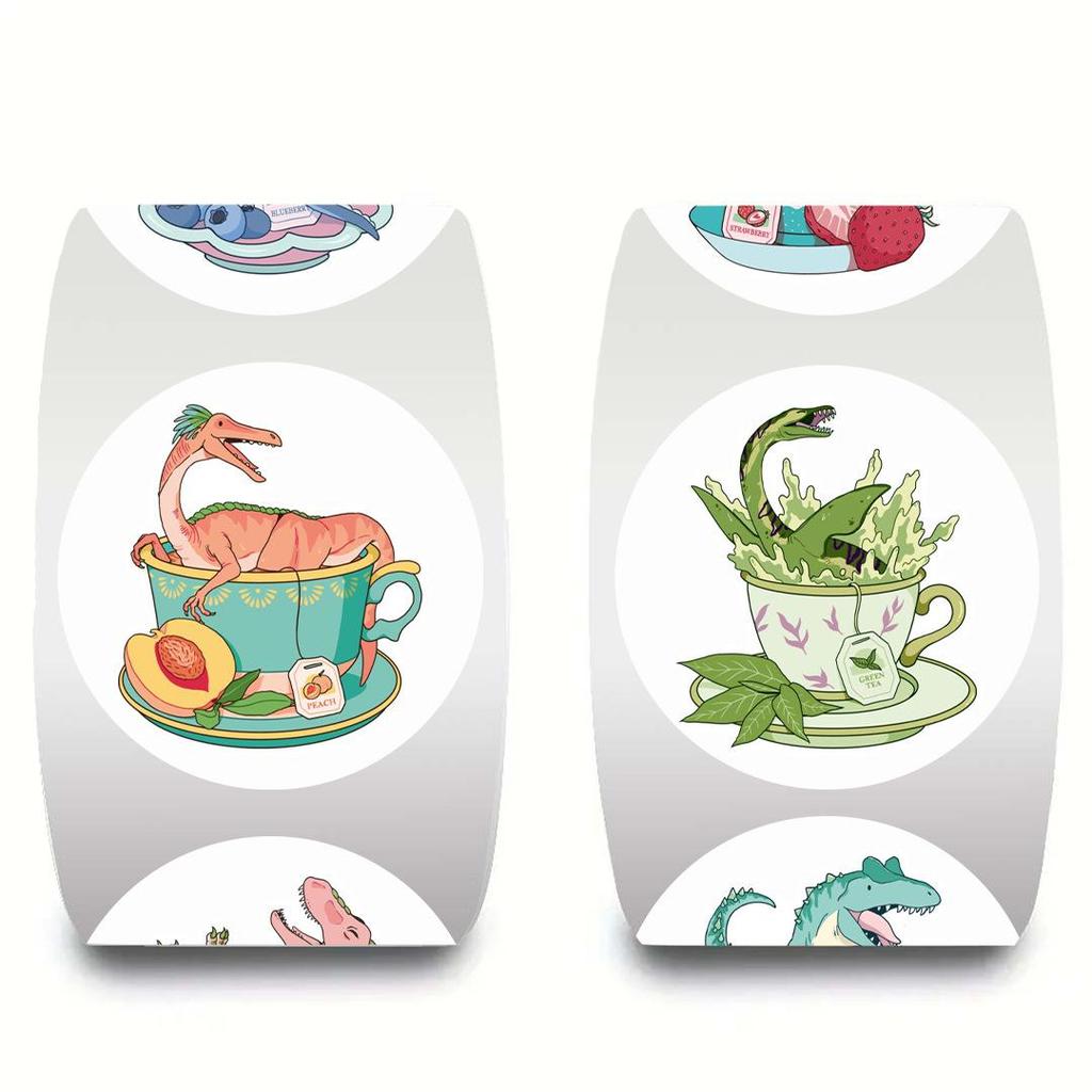 500-Sheet Roll of Cute Cartoon Dinosaur and Tea Cup Stickers for Kids - Reward Gifts and Decorative Adhesive Labels