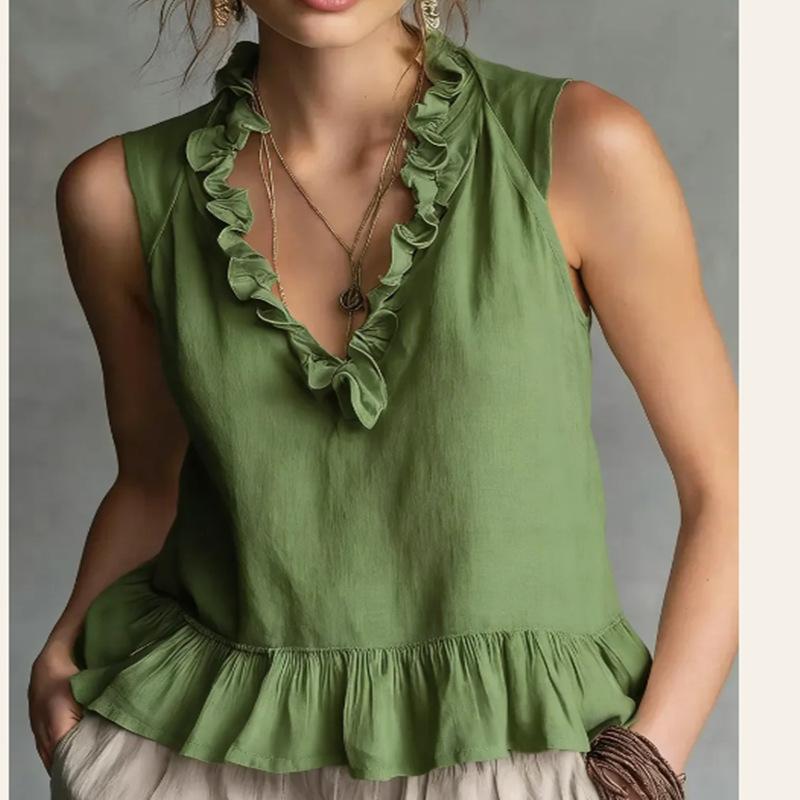 Women V Neck Ruffle Sleeveless Loose Casual Blouse Tank Top S