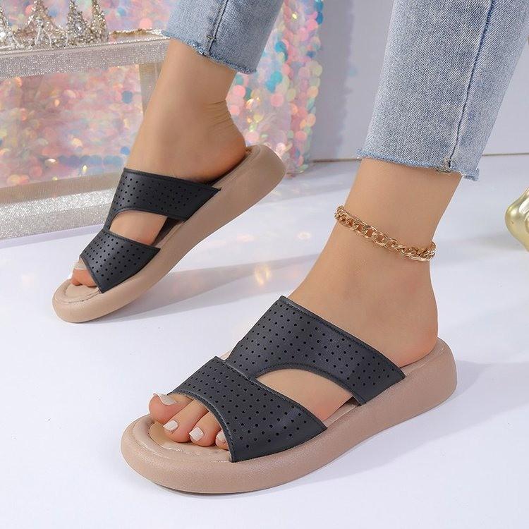 

Summer feeling new one-word heel buckle with soft leather sandals open-toe hollow thick sandals 40 чёрный
