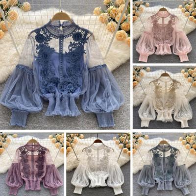 Women Party Shirt Flower Applique See-through Mesh Lantern Sleeve Thin Lace Shirring Elastic Cuff Round