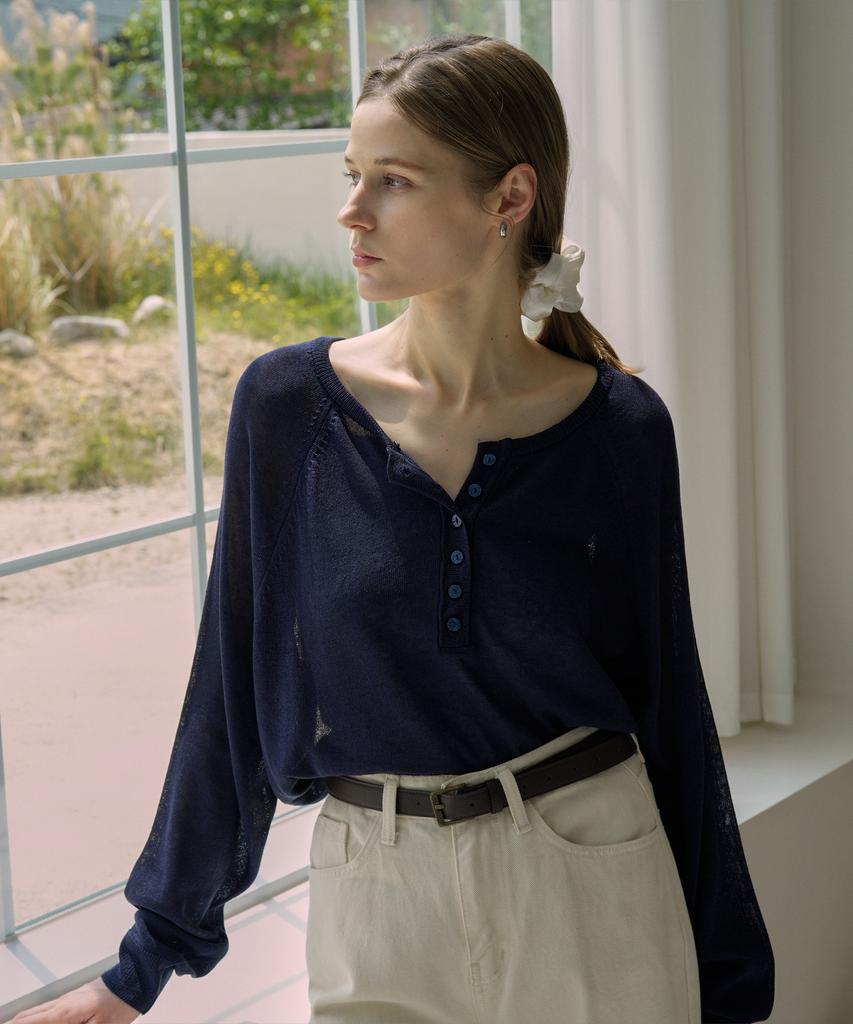 VLETI Linen Blend Raglan Half Button Knit (Navy)