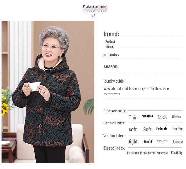 Grandma Winter Hooded Cotton Jacket - Thick, Warm, Plus Velvet for Middle-Aged & Elderly Women