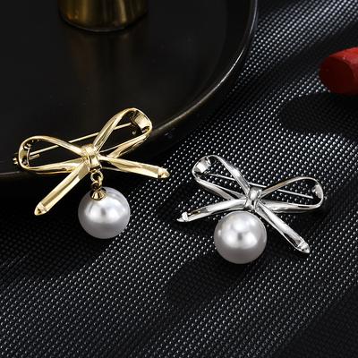 Elegante Schlichte Schleifenbrosche Für Damen Schleifenknoten Anstecknadel Perlenanhänger Sicherheits-Reversnadeln Hochzeitsschmuck Körperaccessoires Kreatives Geschenk