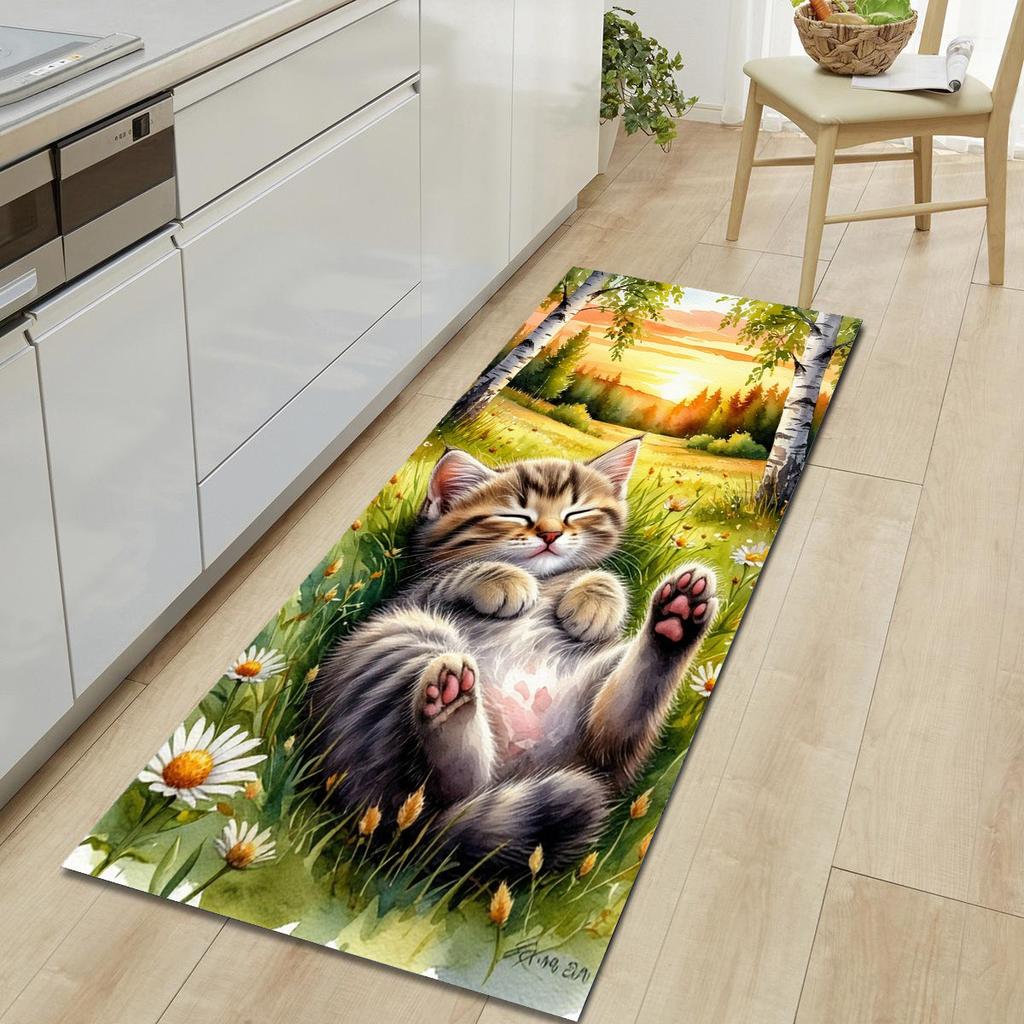 1Pcs Cute Cat Pattern Floor Mat Modern Kitchen Polyester Rug Non-Slip Colorful Indoor Carpet, For Home Bathroom Bedroom Living Room Decor