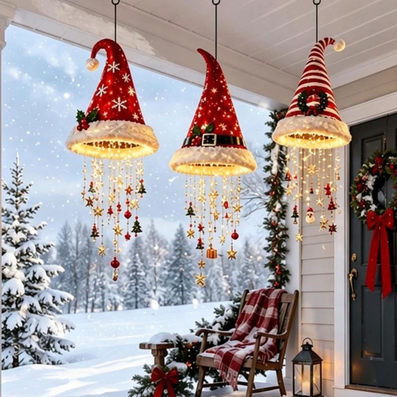 Santa Hat Chandelier Red-White Christmas Hanging Decoration, Tiered Santa Hat Figure Set for Holiday Parties and Indoor Home Displays