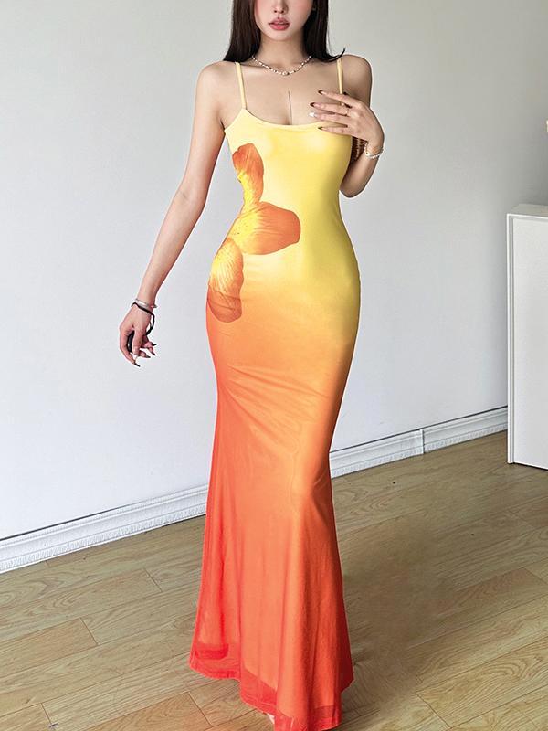 

Floral Print Women s Bodycon Mermaid Party Dress with Thin Straps XXL