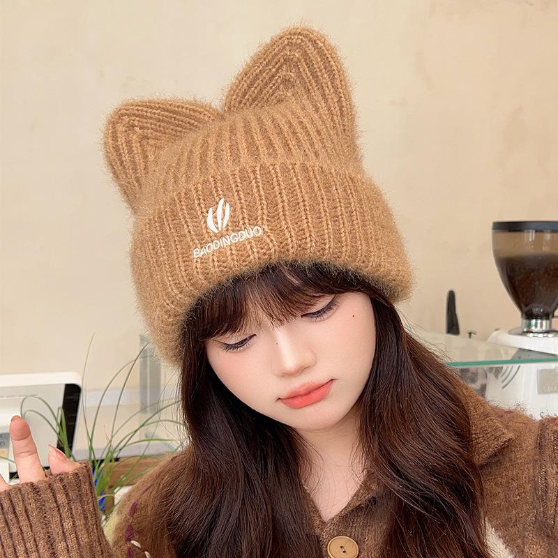 Japanese Cute Woolen Hat for Women in Autumn and Winter Fashion Versatile Ear Protection Pullover Hat Big Head Circumference Cat Ear Knitted Hat