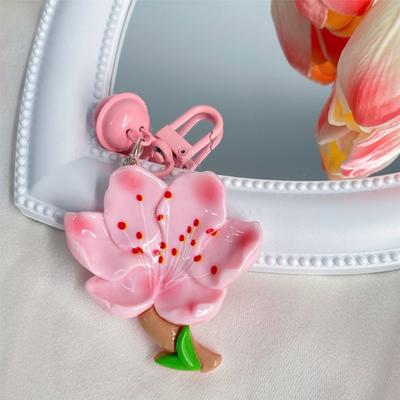 Flower Keychain with Bell Cute Resin Floral Design Bag Hanging Decoration for Women Girls Gift Spring Theme Accessory