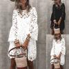 1 Set Sling Dress Cover-Up Set Lace Flare Sleeve Women See Through Patchwork Dress for Dating