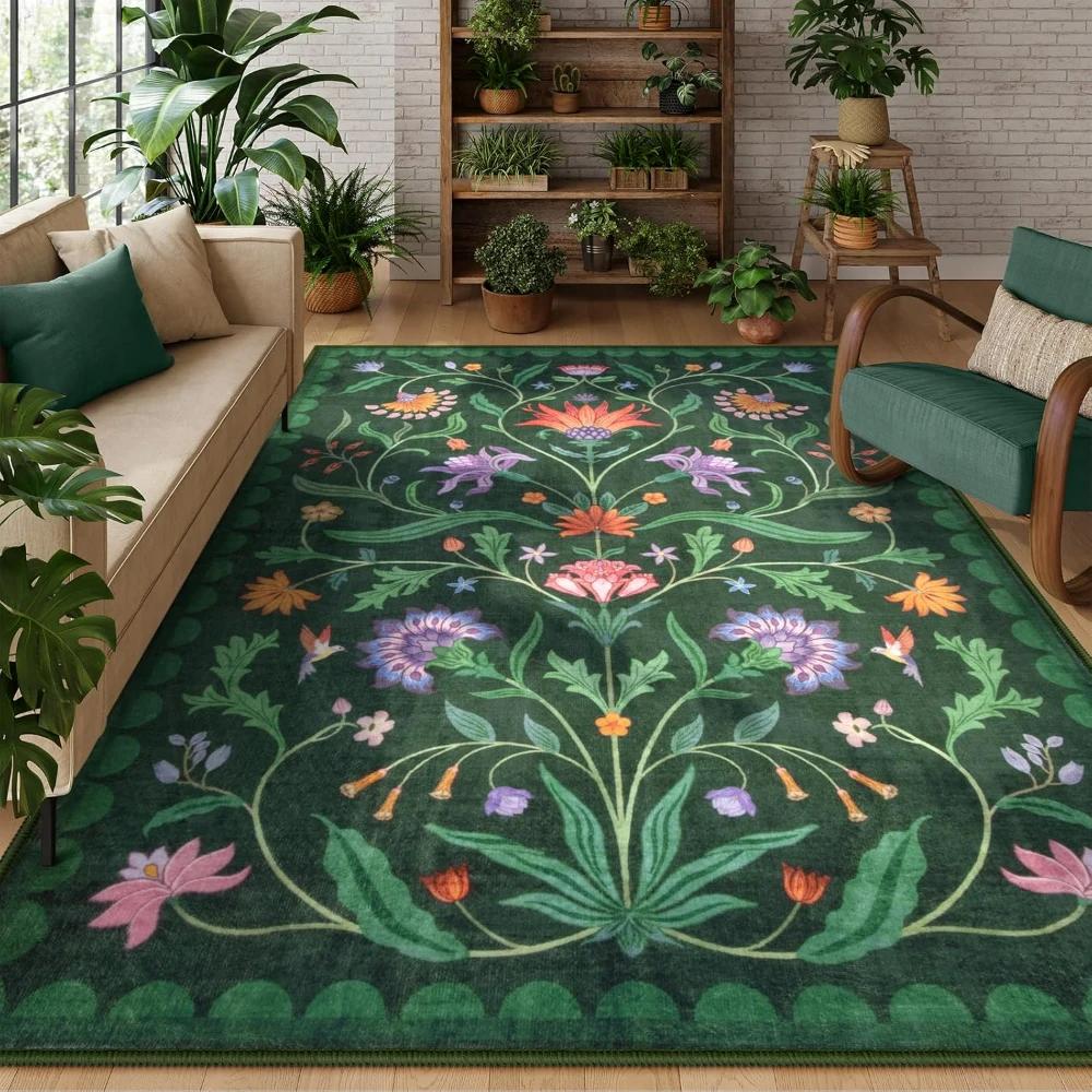Retro Boho Floral Washable Dark Teal Carpets for Bedroom Living Room Decor Lounge Balcony Mat Coffee Table Dining Room Rug